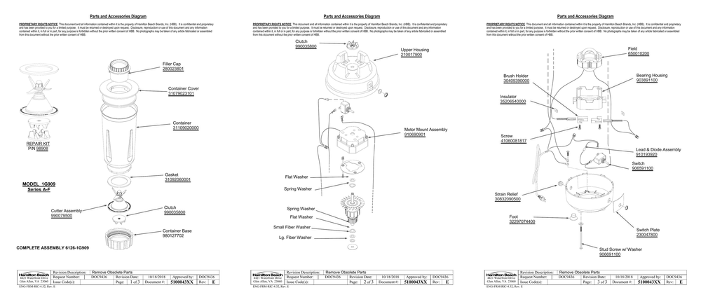 Diagram Diagram and Parts List for 1G909  Hamilton Beach Blender